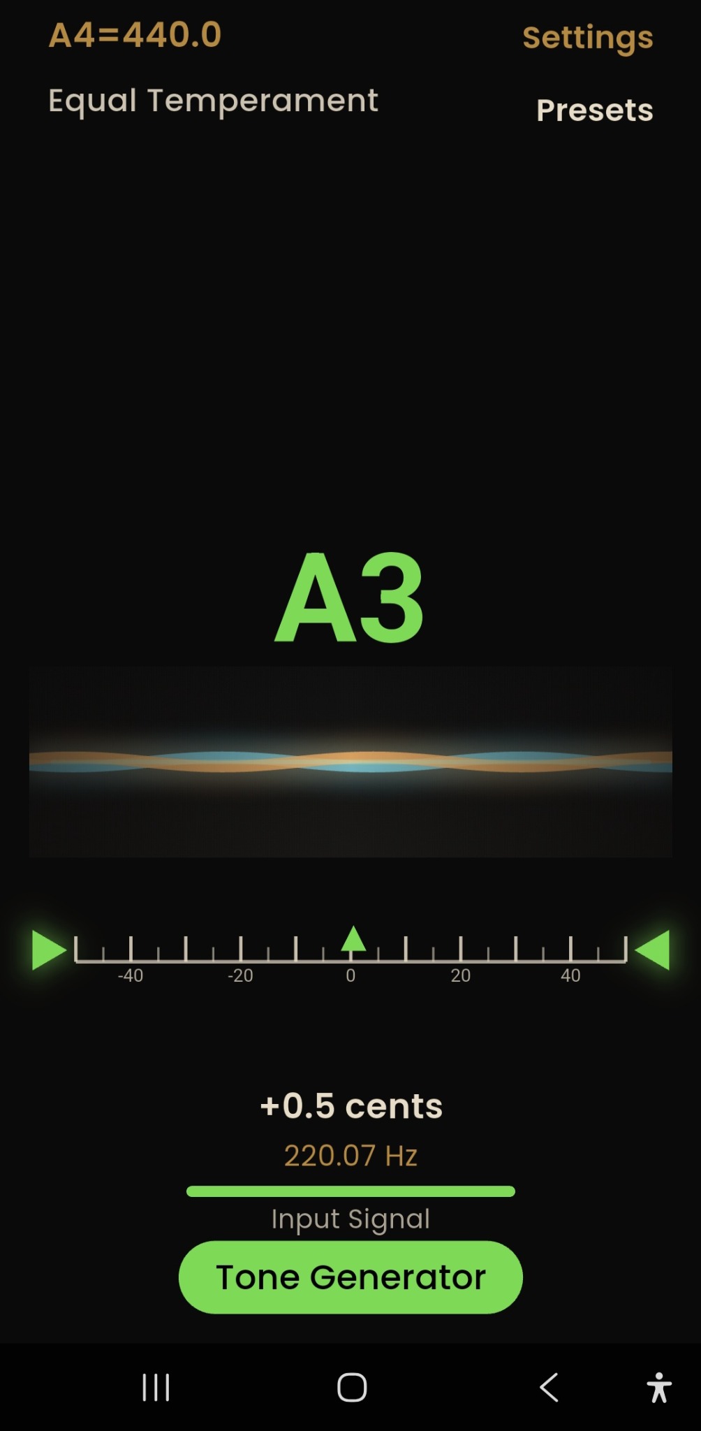 TuneDude showing A3 in tune at plus 0.5 cents