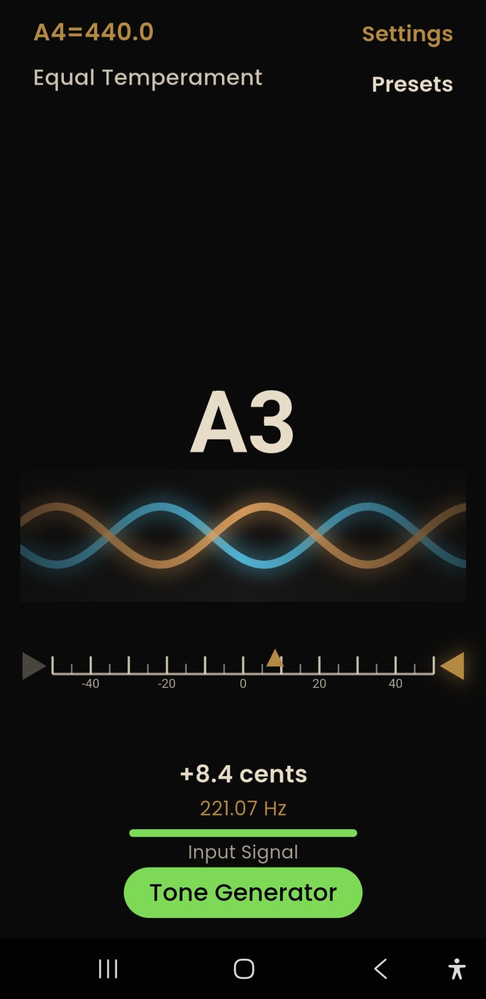 TuneDude showing A3 slightly sharp at plus 8.4 cents
